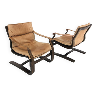 Set de 2 fauteuils scandinave en cuir, Nelo, norvège, 1970