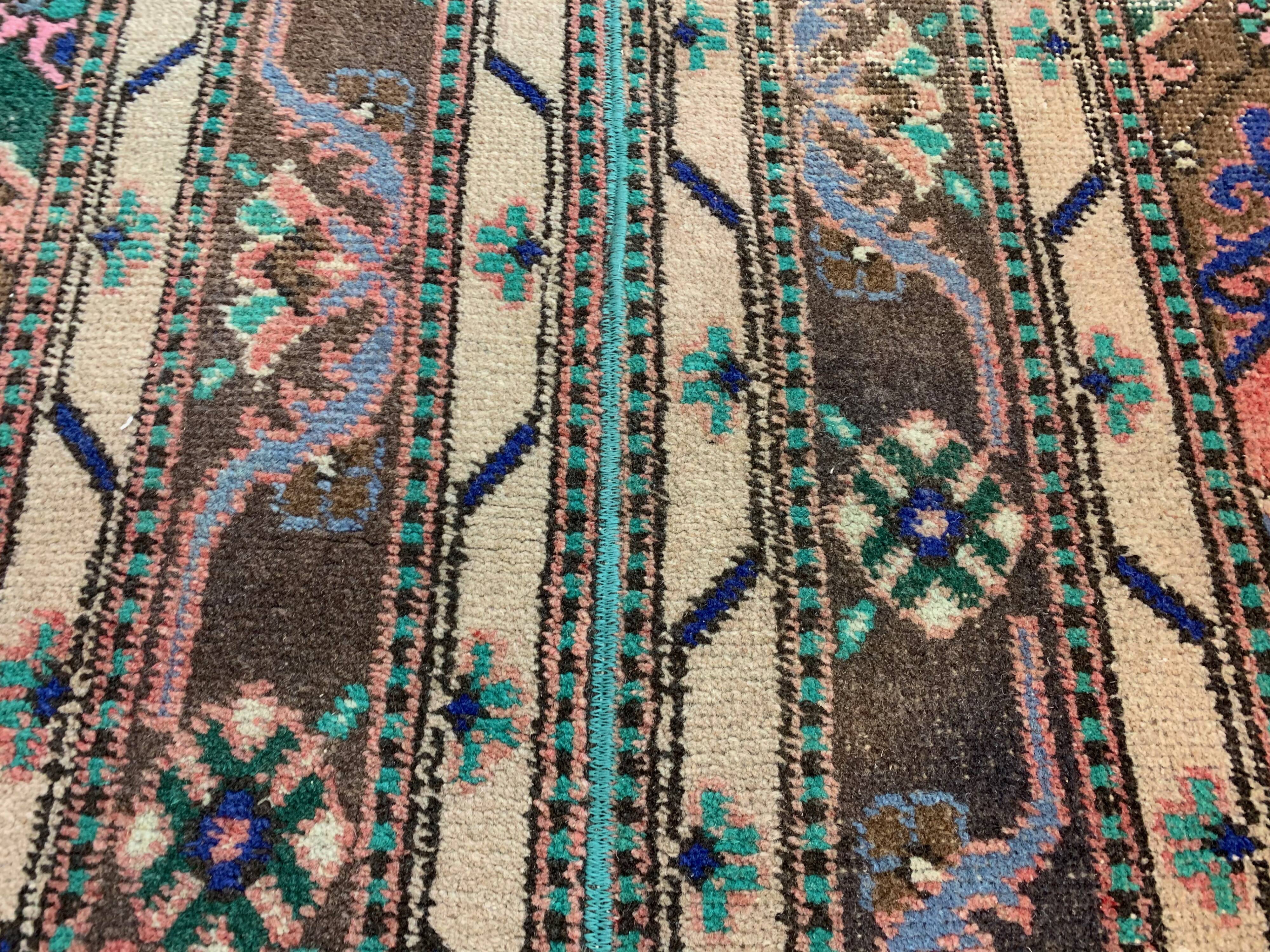 Distressed Turkish Rug 110x74 cm Vintage Shabby, Runner, Green, Brown Small
