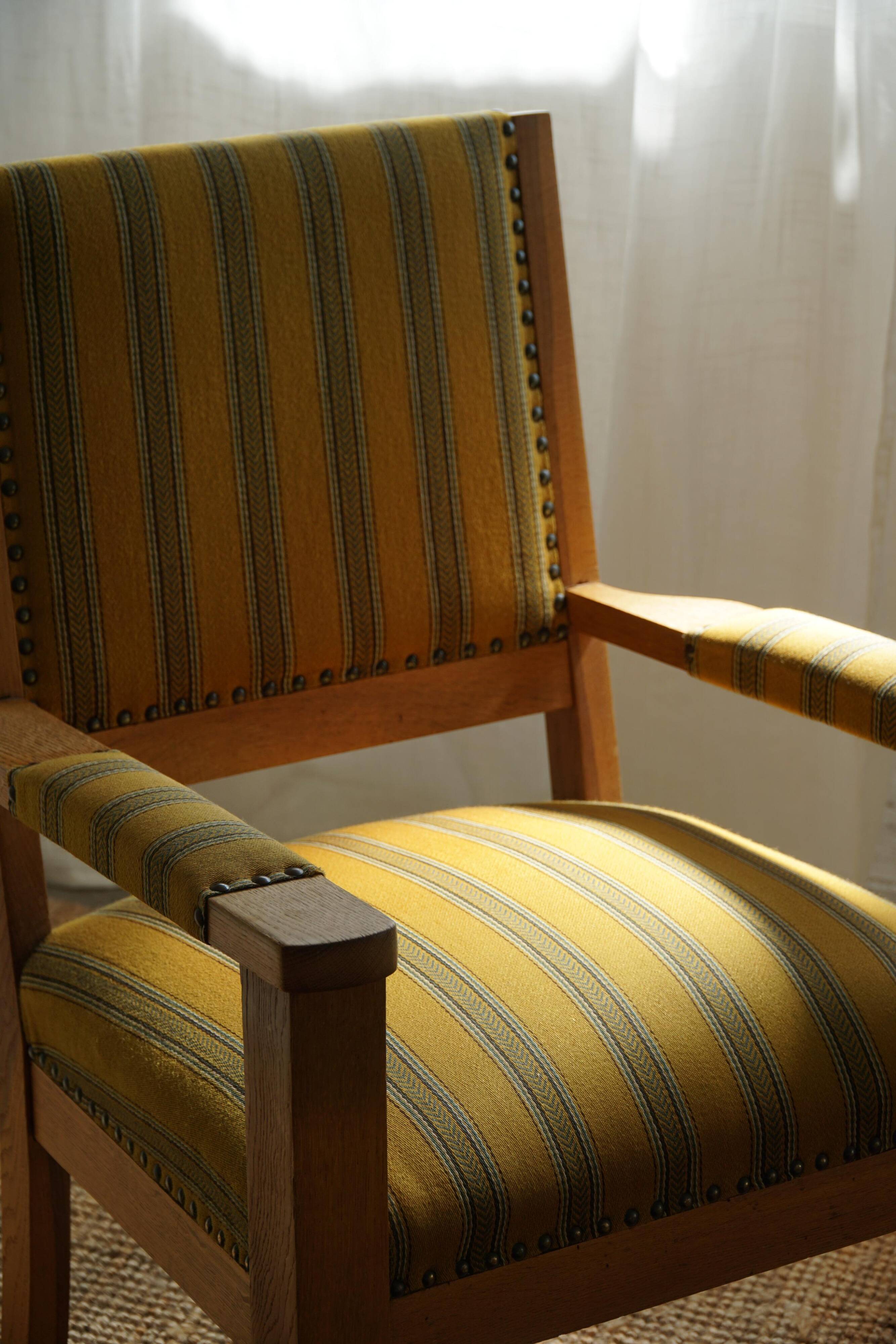 Pair of Art Deco armchairs in oak and fabric, Danish cabinetmaker, 1940s