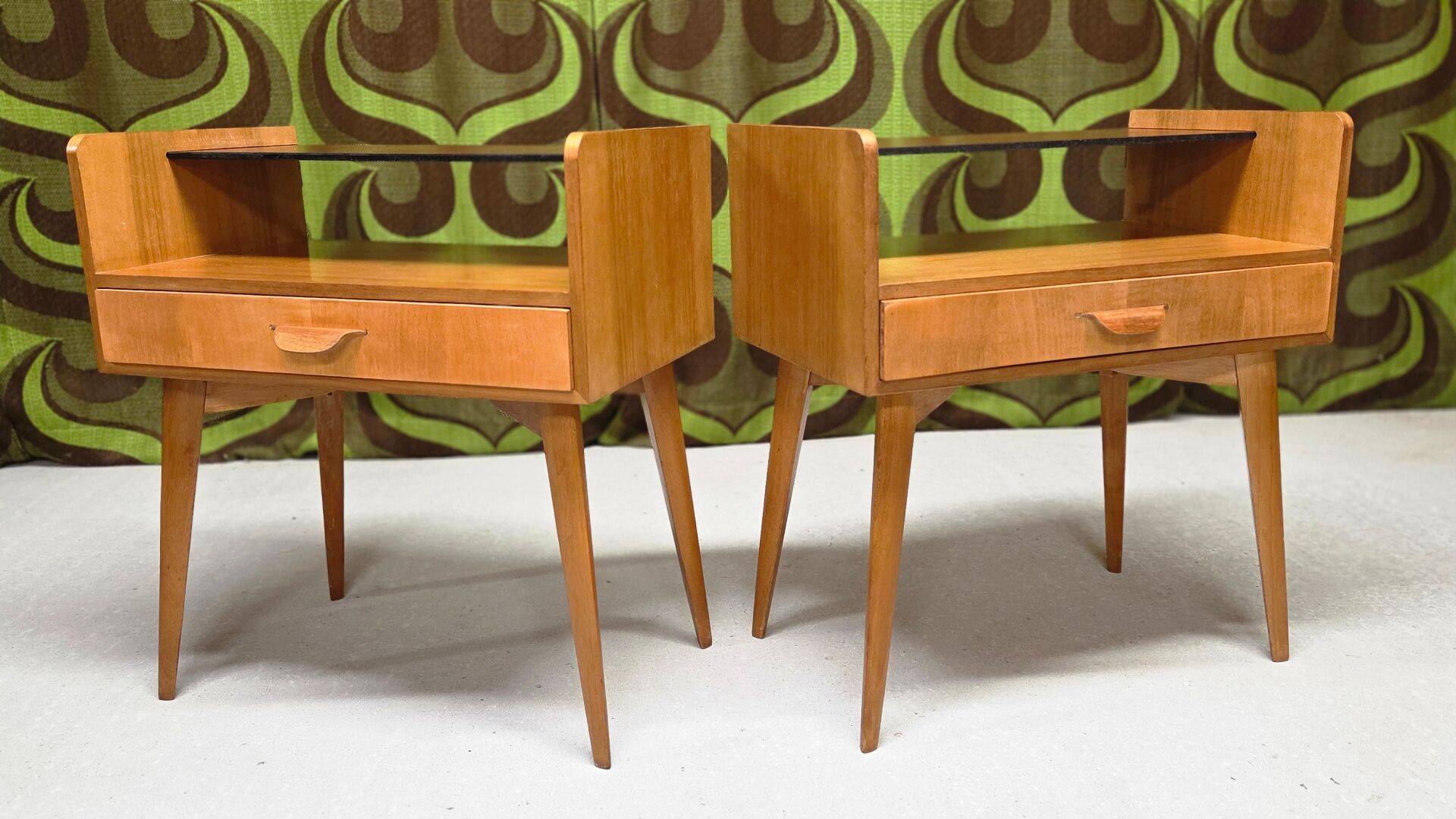 Many bedside tables, vintage, Scandinavian, light wood, 1960s.