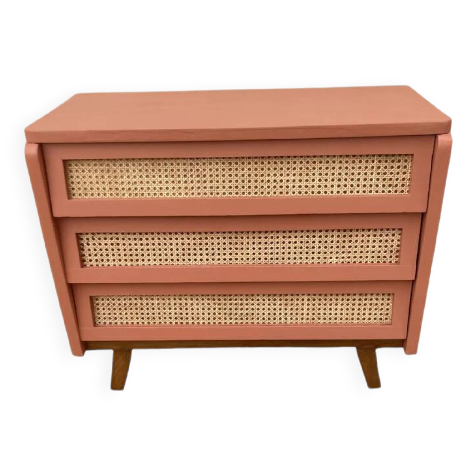 Restored vintage rattan chest of drawers in terracotta shade 1960