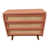 Restored vintage rattan chest of drawers in terracotta shade 1960