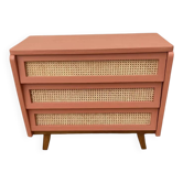 Restored vintage rattan chest of drawers in terracotta shade 1960