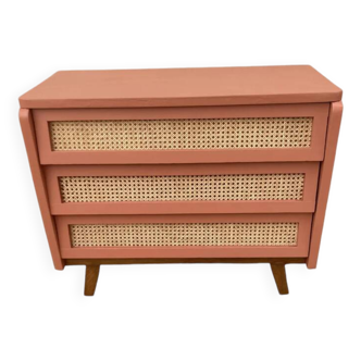 Restored vintage rattan chest of drawers in terracotta shade 1960
