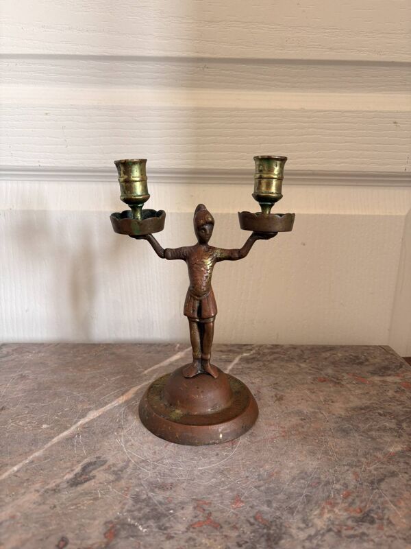 Ancien Bougeoir Chandelier Bronze Cuivre Doré Soldat