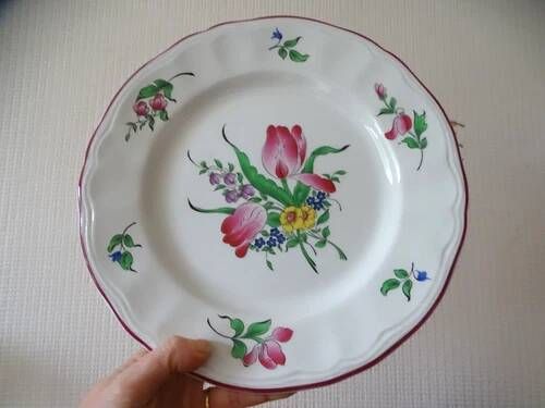 Kg luneville "réverbère" 5 flat plates earthenware hand-painted flowers ø25.5 cm