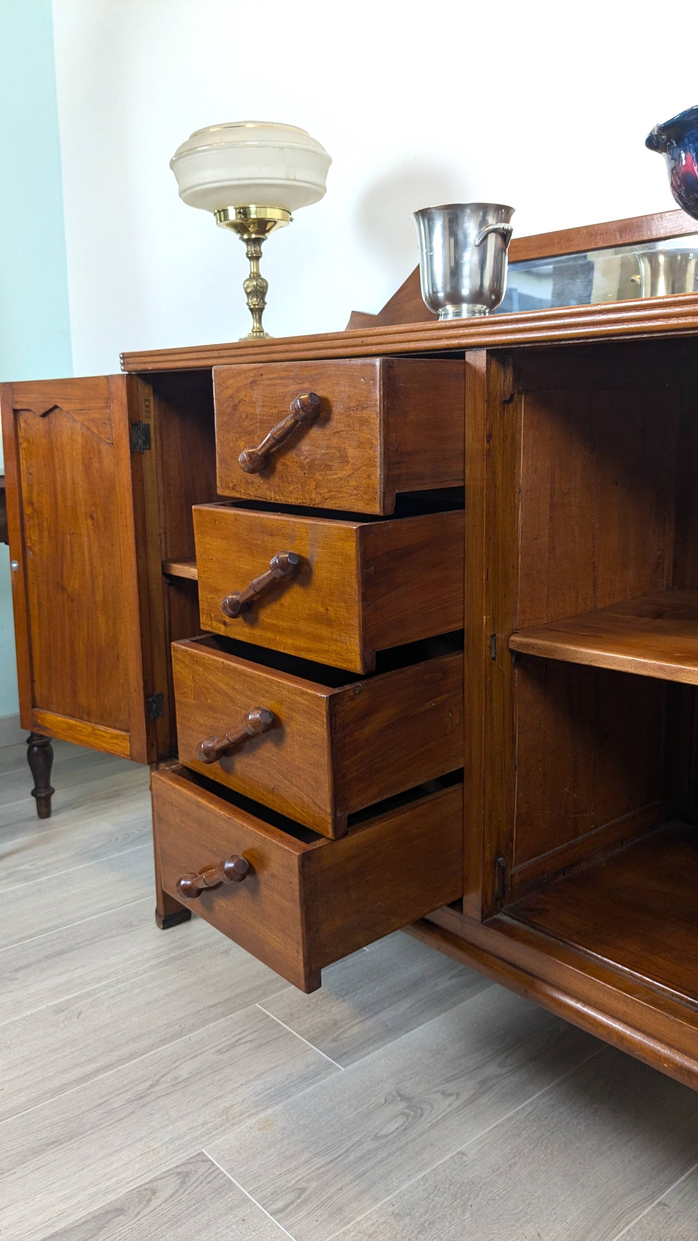 Art Deco mahogany sideboard – 4 drawers, 2 doors, beveled mirror, 1930s