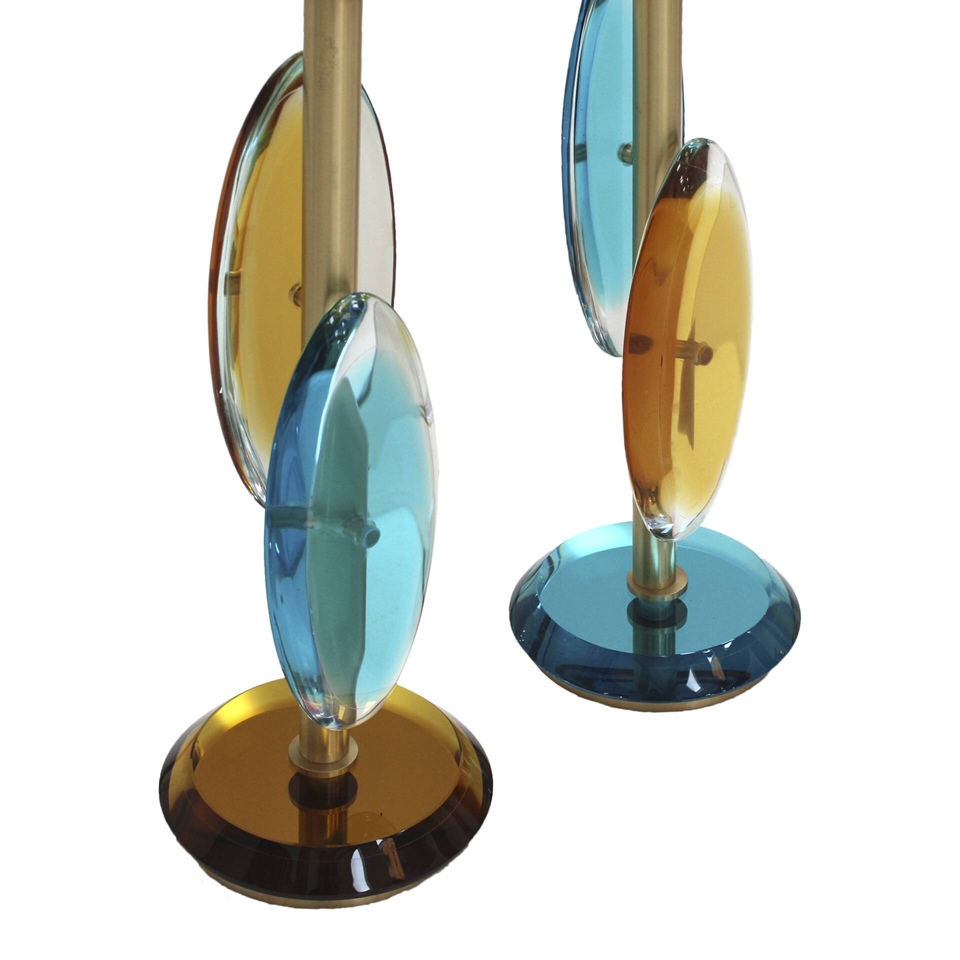Pair of contemporary Murano glass lamps with a brass structure, made in Italy.
