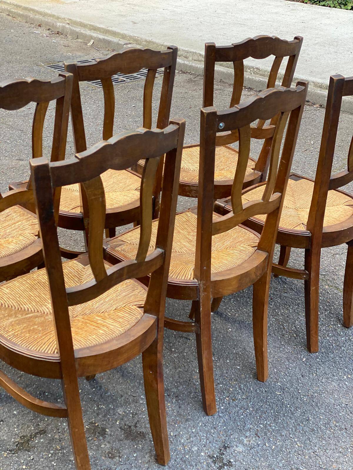 6 vintage solid oak wood dining room chairs with art deco straw