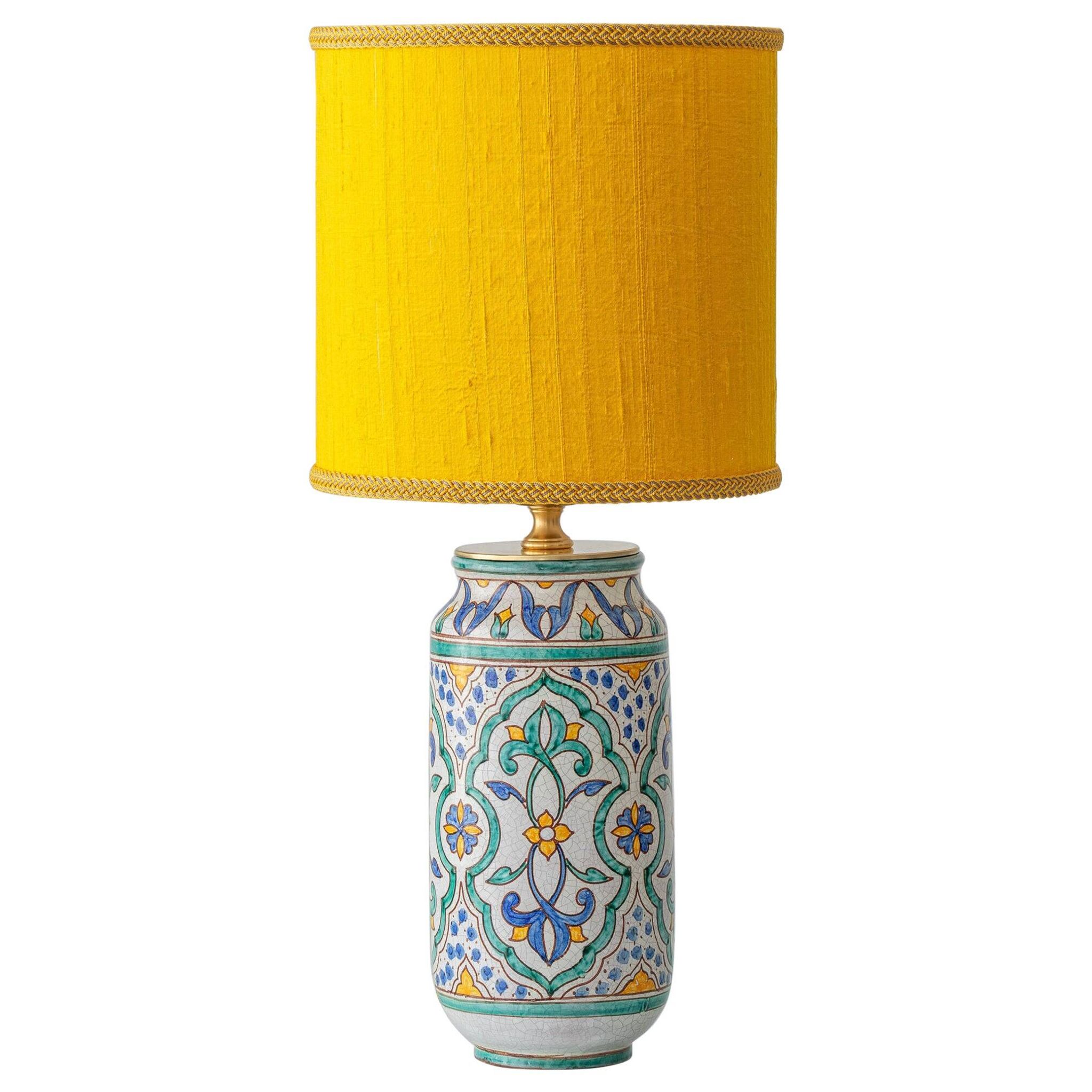 Granada Albarello Ceramic Table Lamp, Hand-Painted, New Silk Shade
