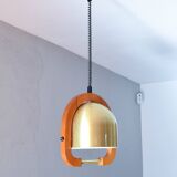 Lustre à hauteur réglable en laiton et en chêne du milieu du siècle dernier 70s