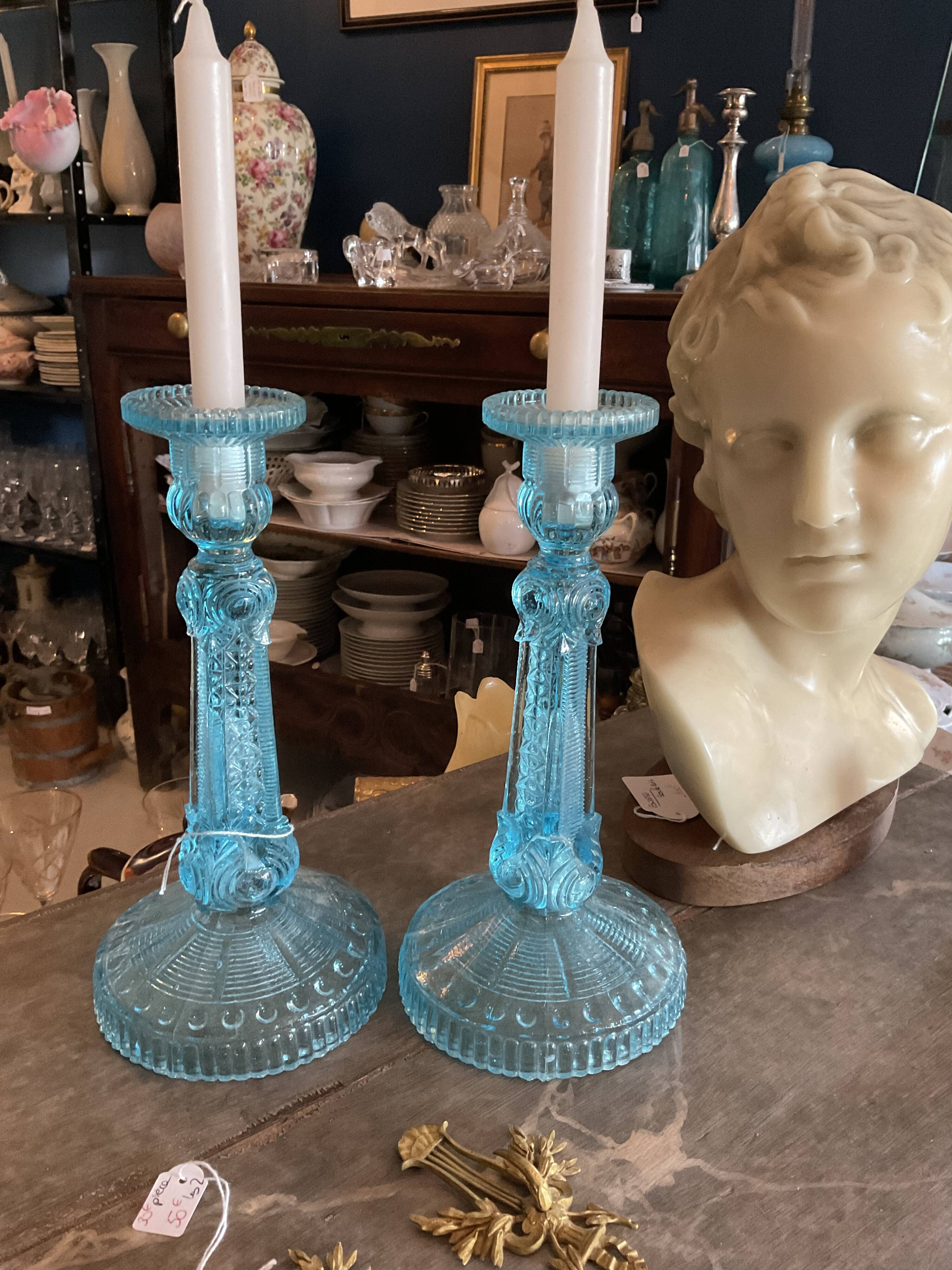 Pair blue glass candle holders.type Art Deco
