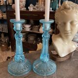 Pair blue glass candle holders.type Art Deco