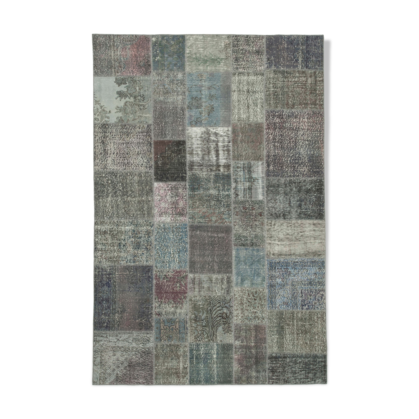 Hand-knotted oriental overdyed 197 cm x 300 cm grey patchwork carpet