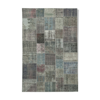 Hand-knotted oriental overdyed 197 cm x 300 cm grey patchwork carpet