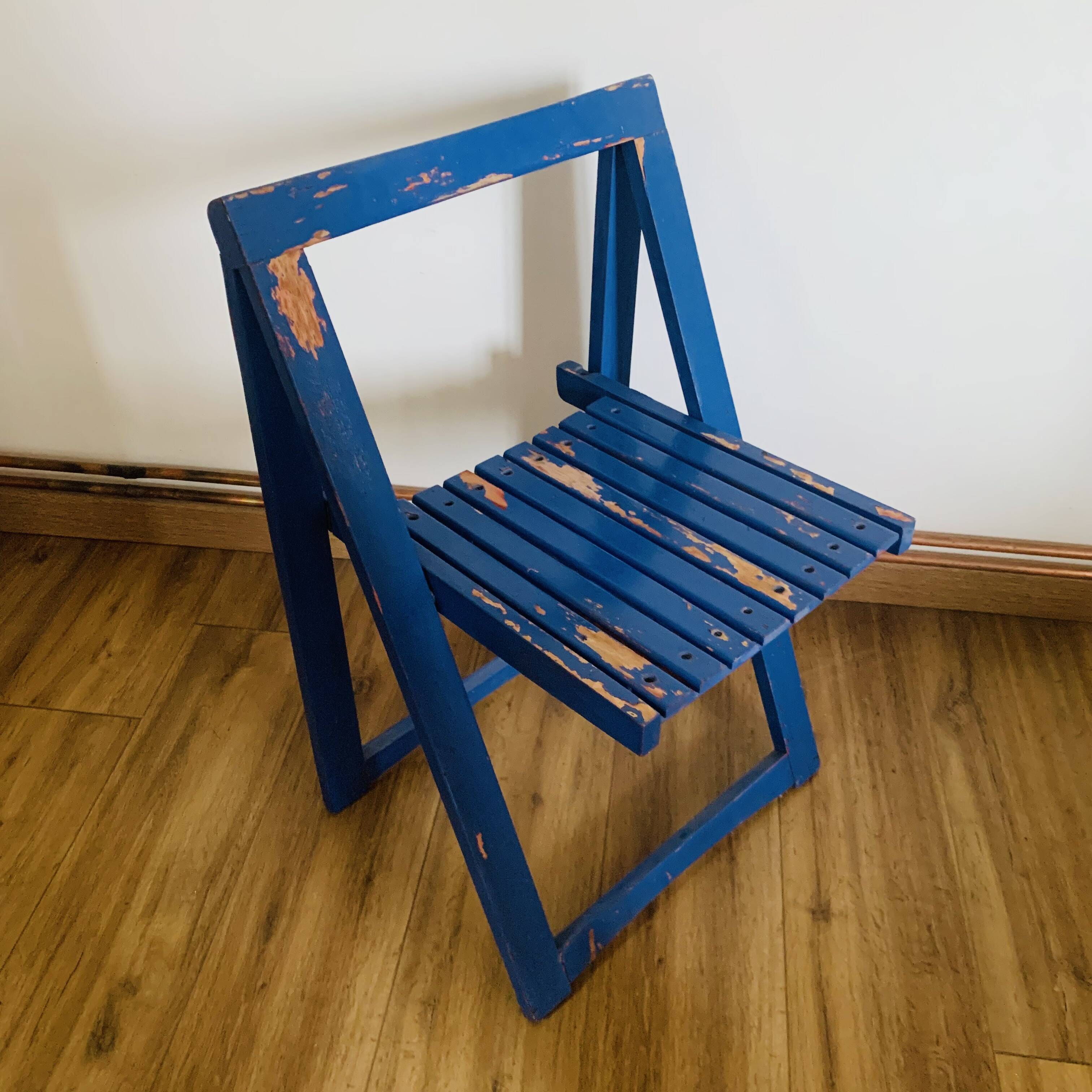 Folding chair in blue painted wood, Italy 1960