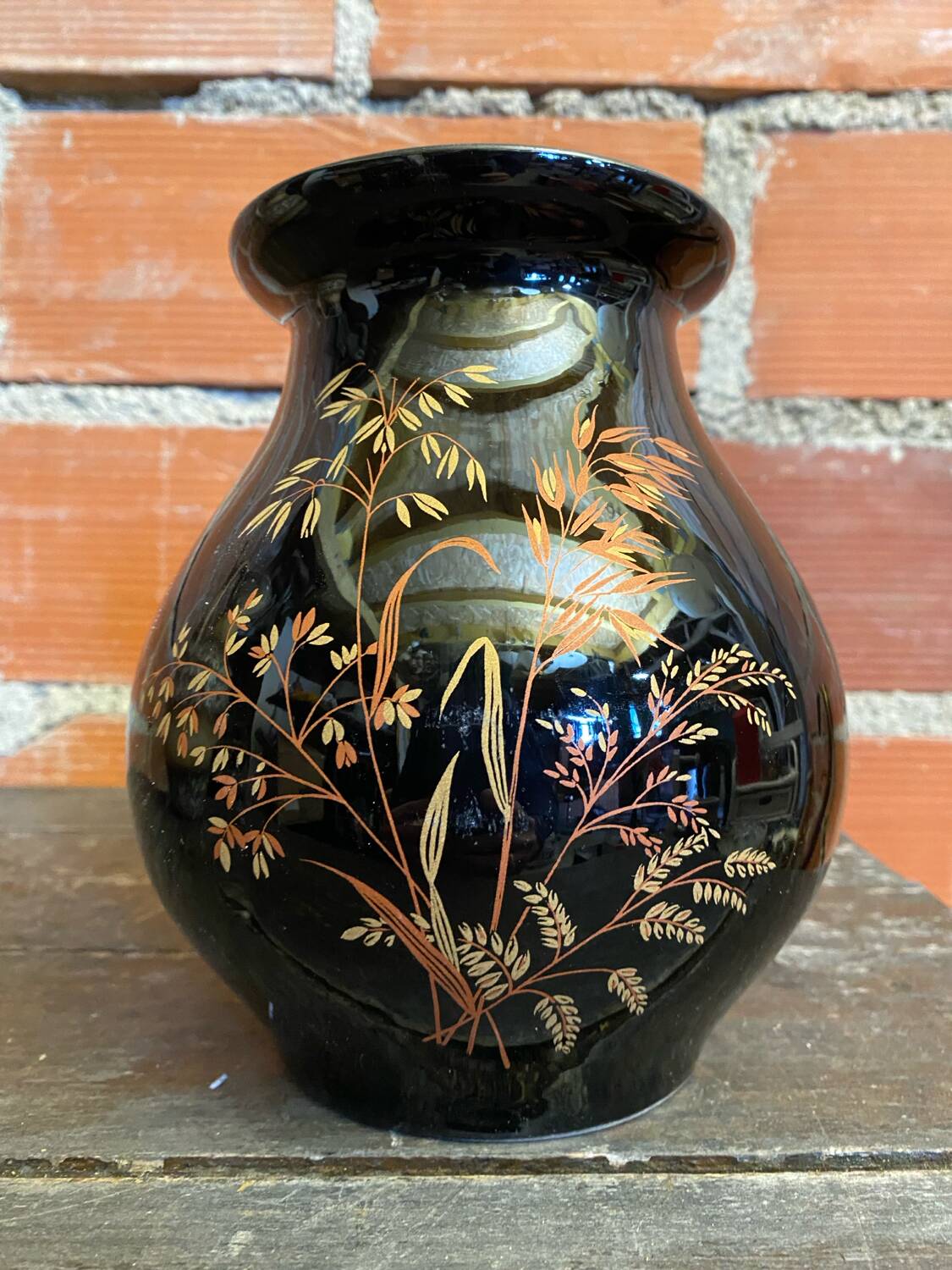 Antique st clement vase black ceramic painted decor vintage