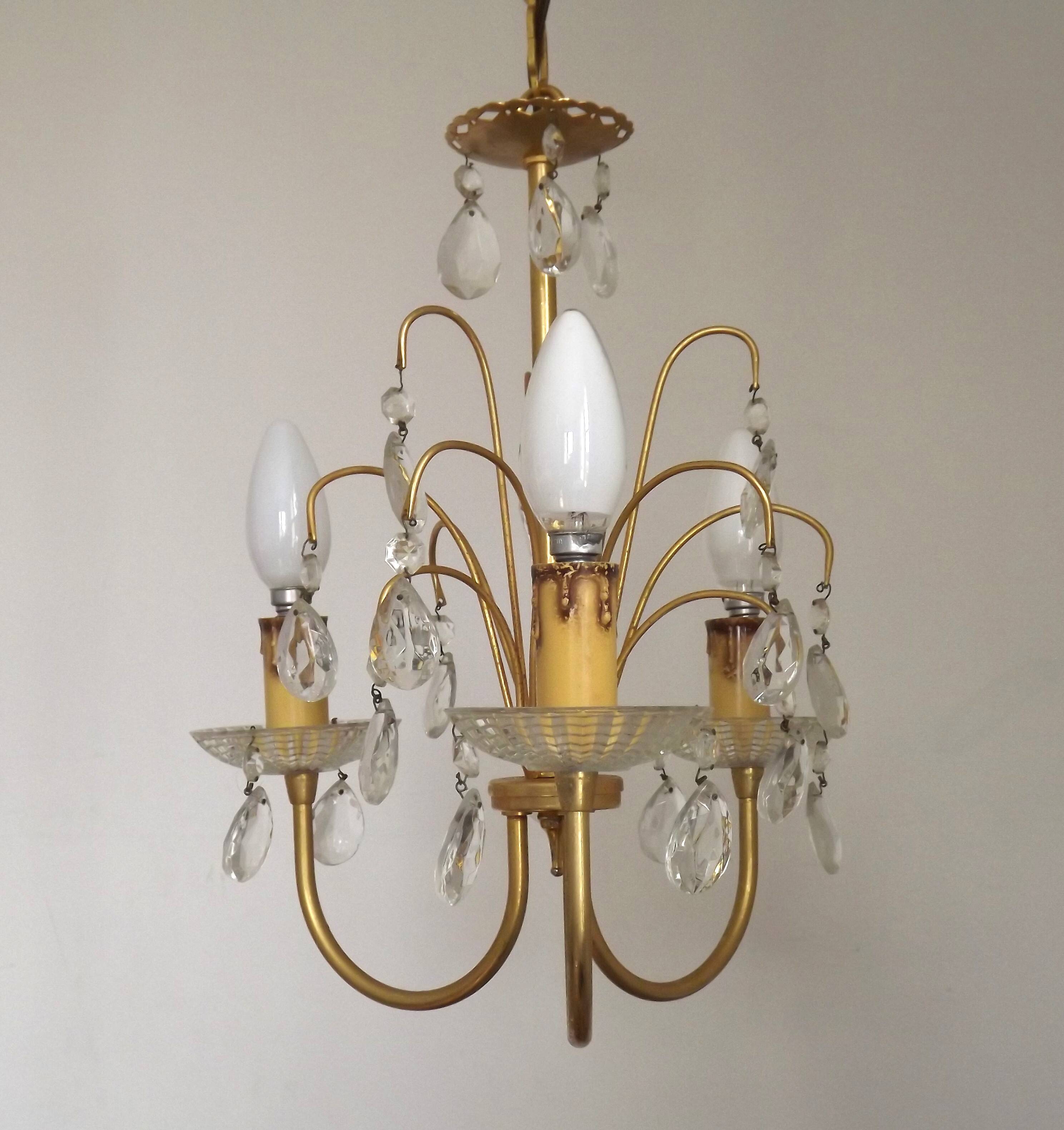 French Vintage Gold Effect Metal-Crystal 3 Light Chandelier Glass Bobeches