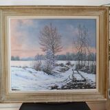 Rateau " Paysage enneigé " peinture HST encadrée