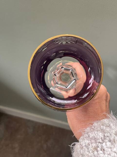 2 large cut and coloured Bohemian crystal glasses