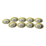 Set of 9 large vintage yellow deep plates with pink flowers and a gold rim.