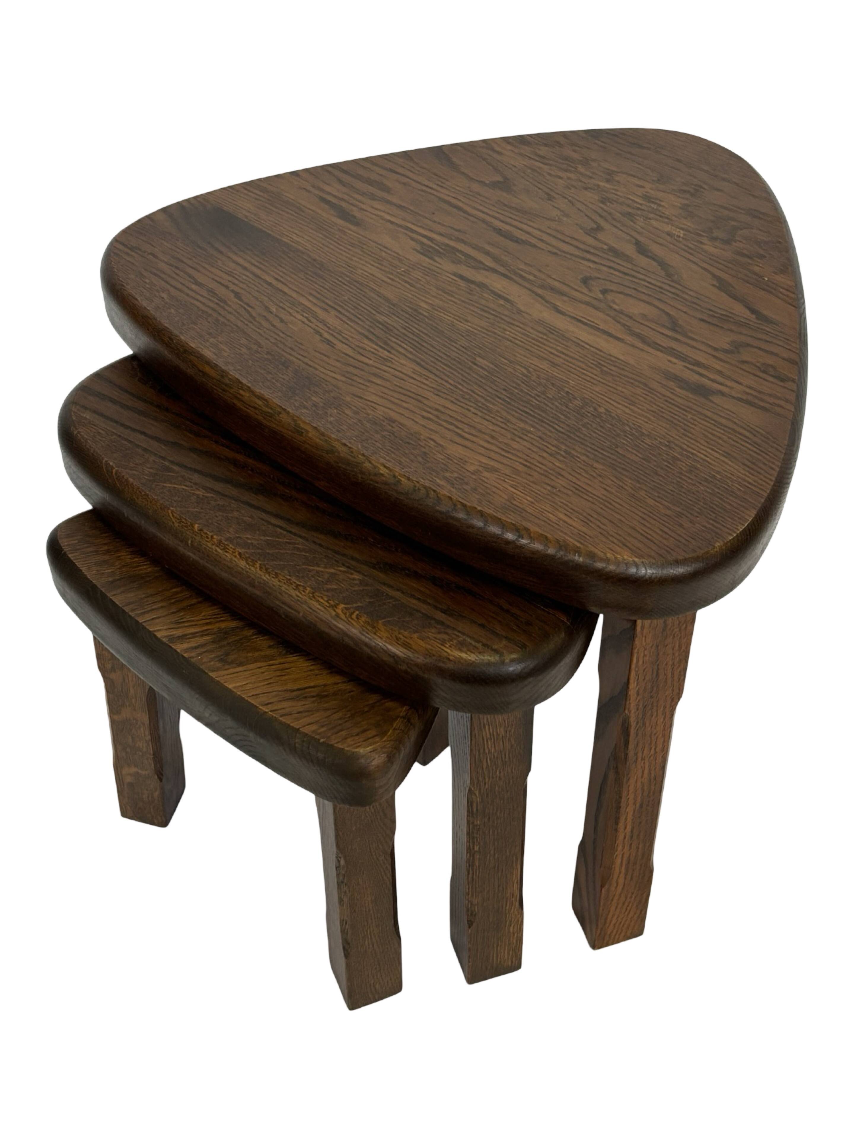 Set of 3 brutalist oak oval side or nesting tables minimalist design 1970s