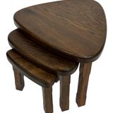Lot de 3 tables d'appoint ou gigognes ovales brutalistes en chêne au design minimaliste des années 1970