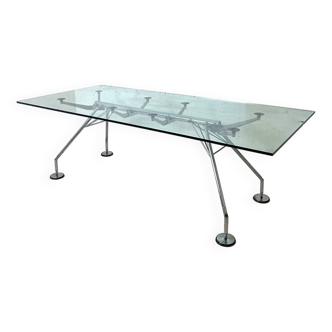 Vintage Nomos model table in glass and aluminum by Norman Foster for Tecno, Italy 1970