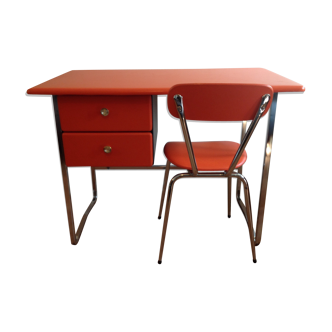 Bureau orange pop skaï et chrome avec sa chaise vintage