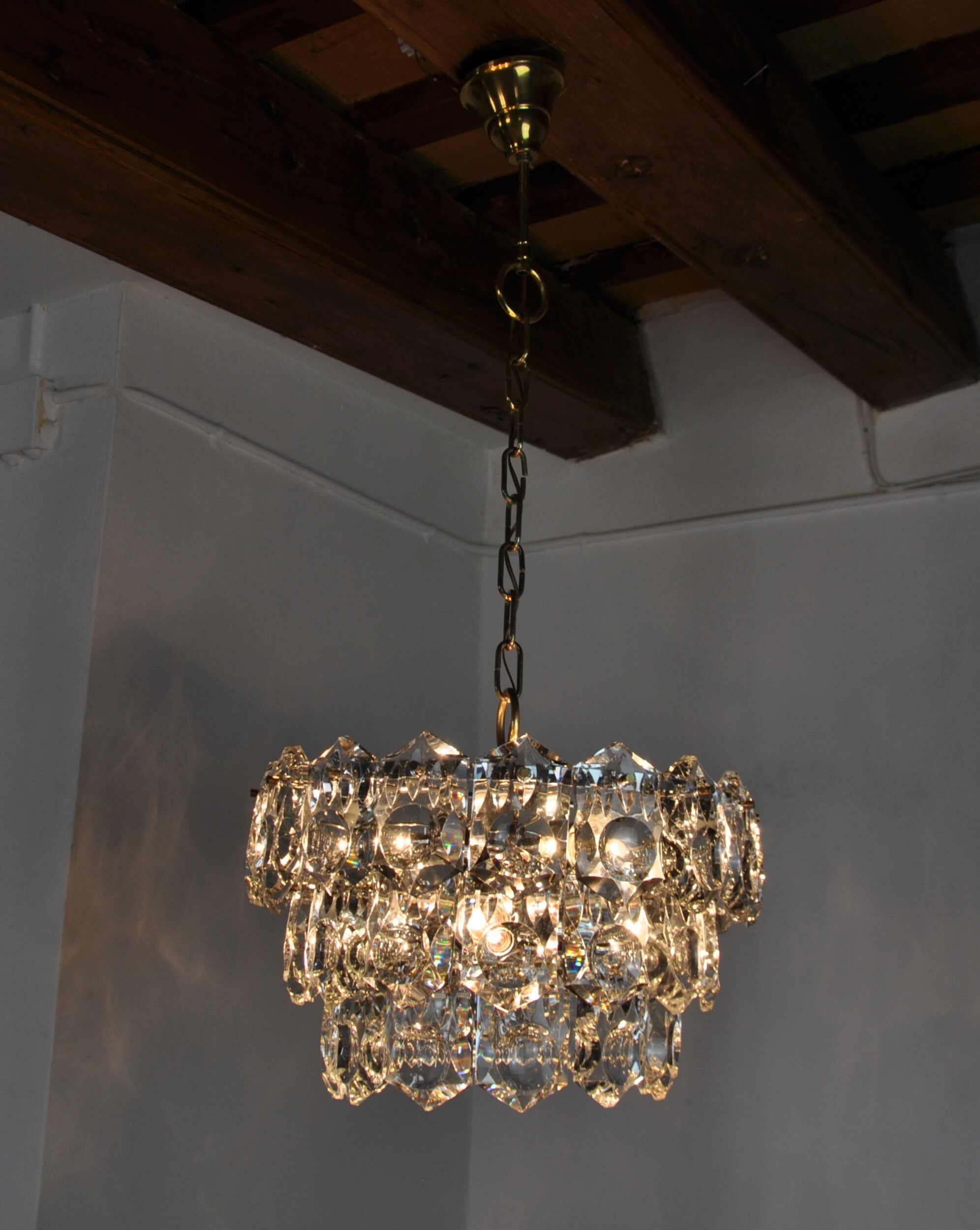 Golden Kinkeldey chandelier, cut glass, 3 levels, Germany, 1970
