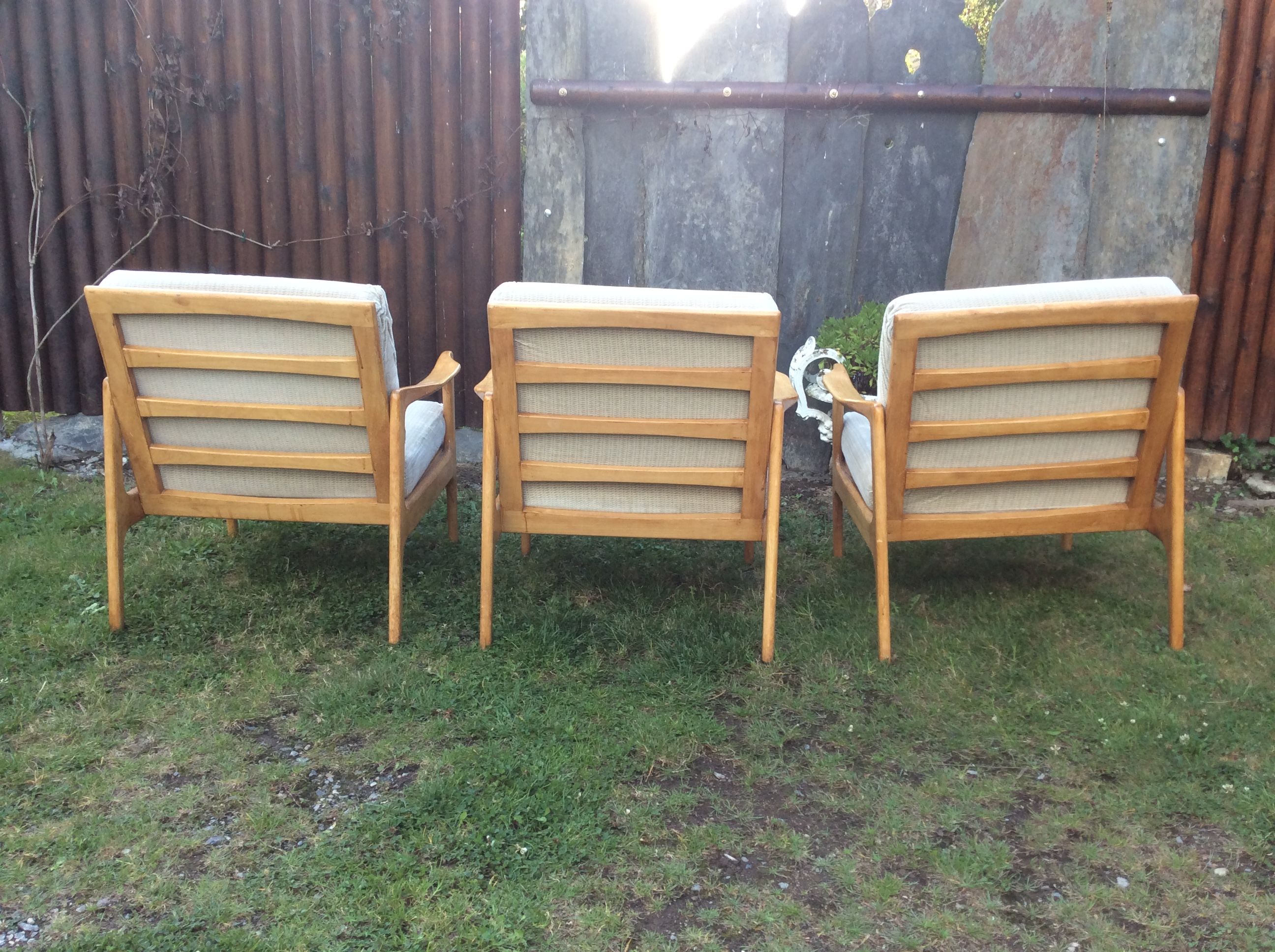 Vintage Scandinavian bench and armchairs of 4 pieces, 1 bench and 3 armchairs.
