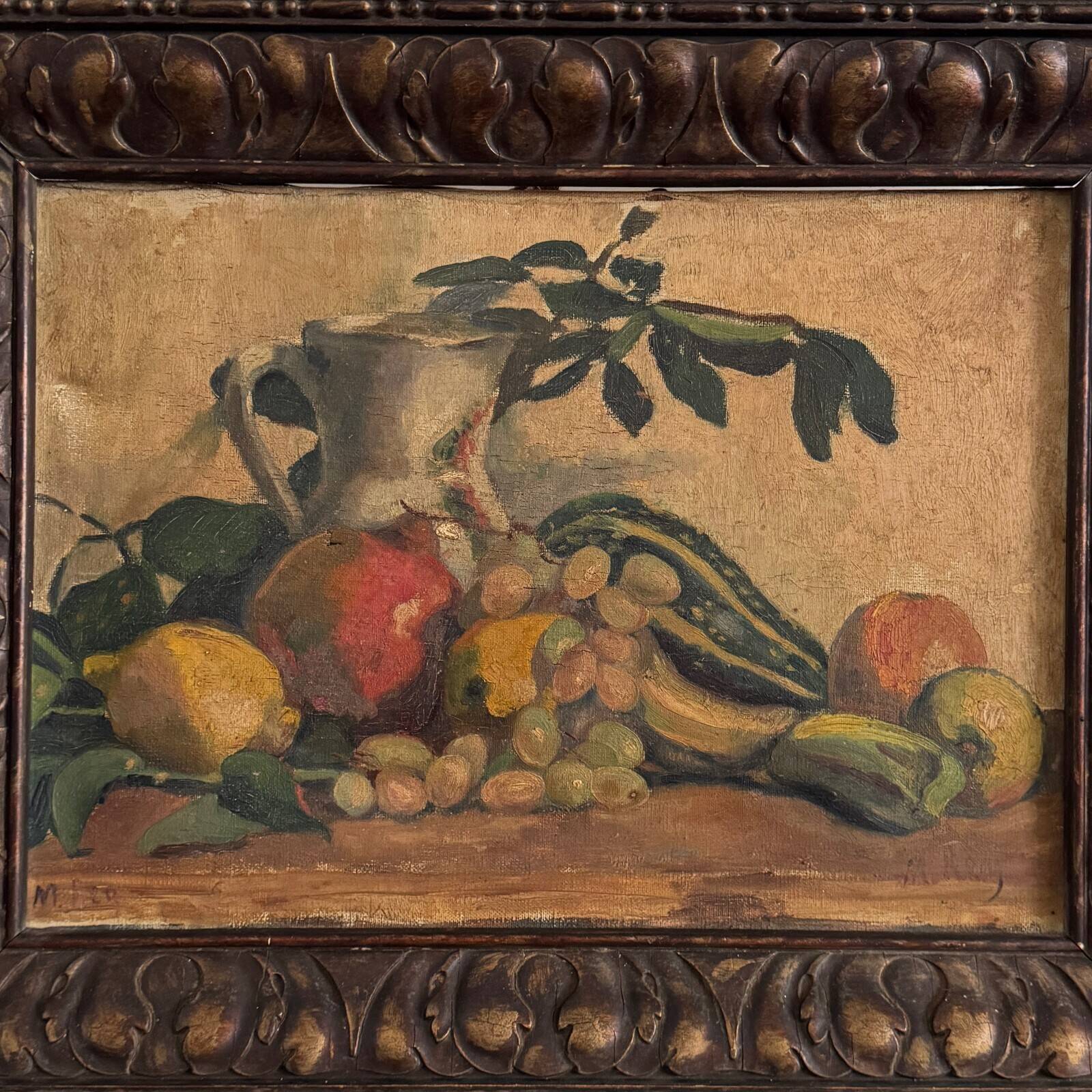 Oil on canvas by M. Rery still life with fruits and vegetables 20th century