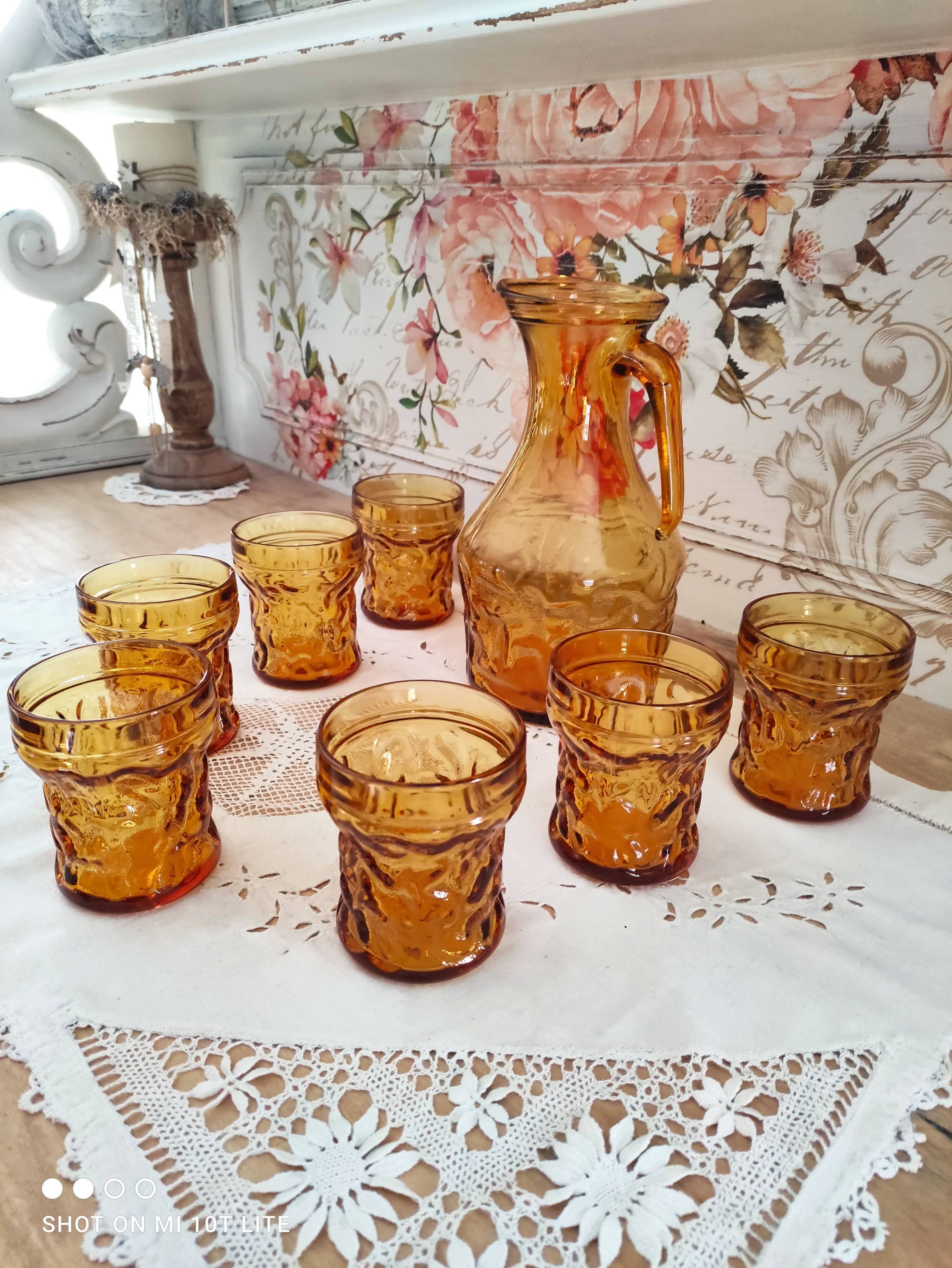 Vintage Italian orangeade or lemonade service 8 pieces 7 people textured amber glass