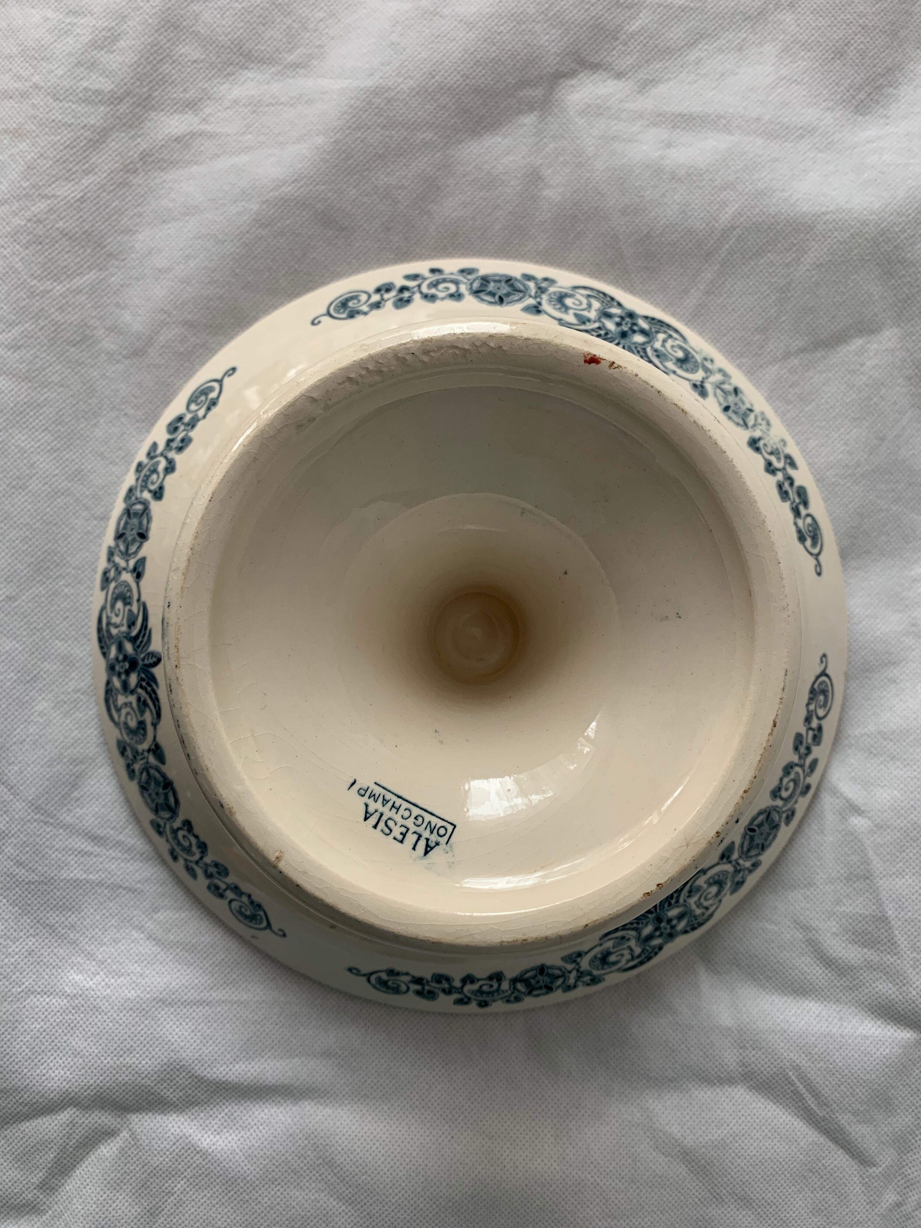 4 blue and white service dishes Alesia Longchamp Iron Land early 20th century