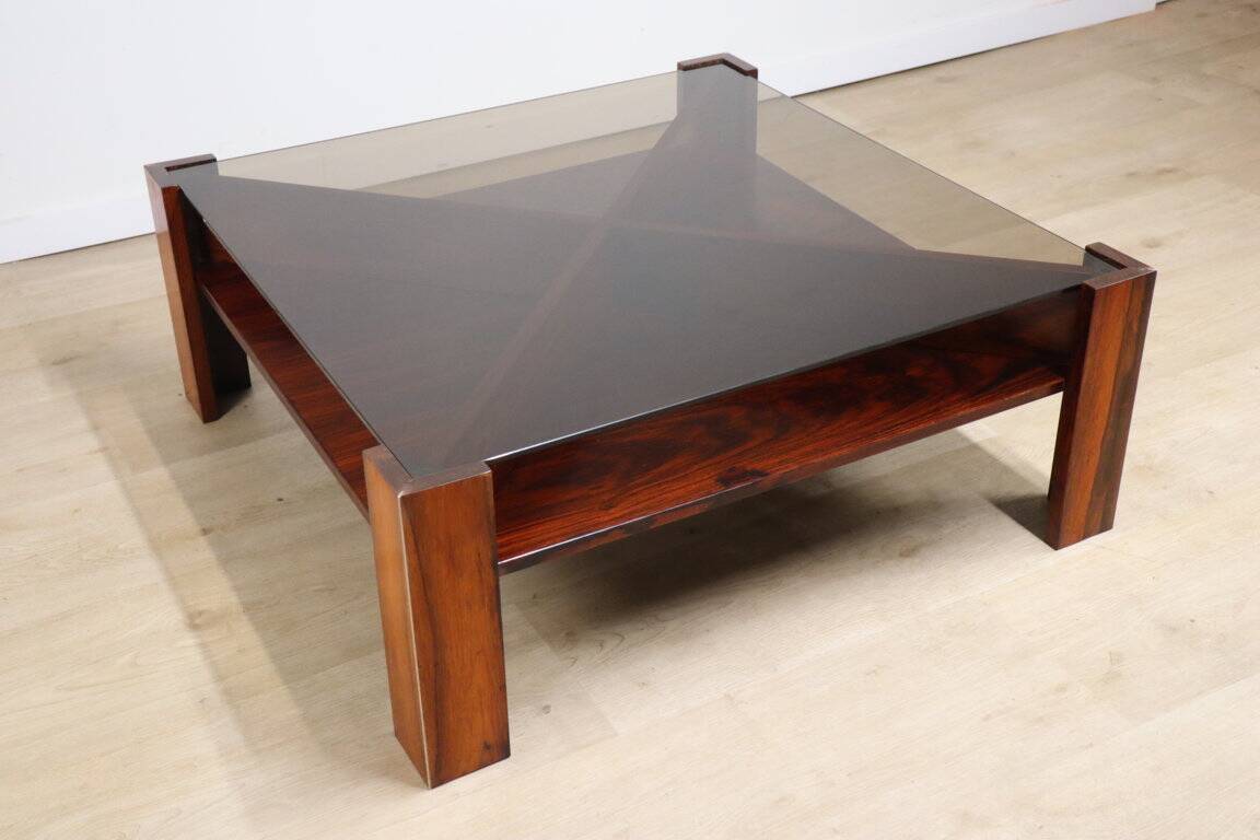 Scandinavian coffee table Mobelintarsia – Rosewood & smoked glass – 1960s