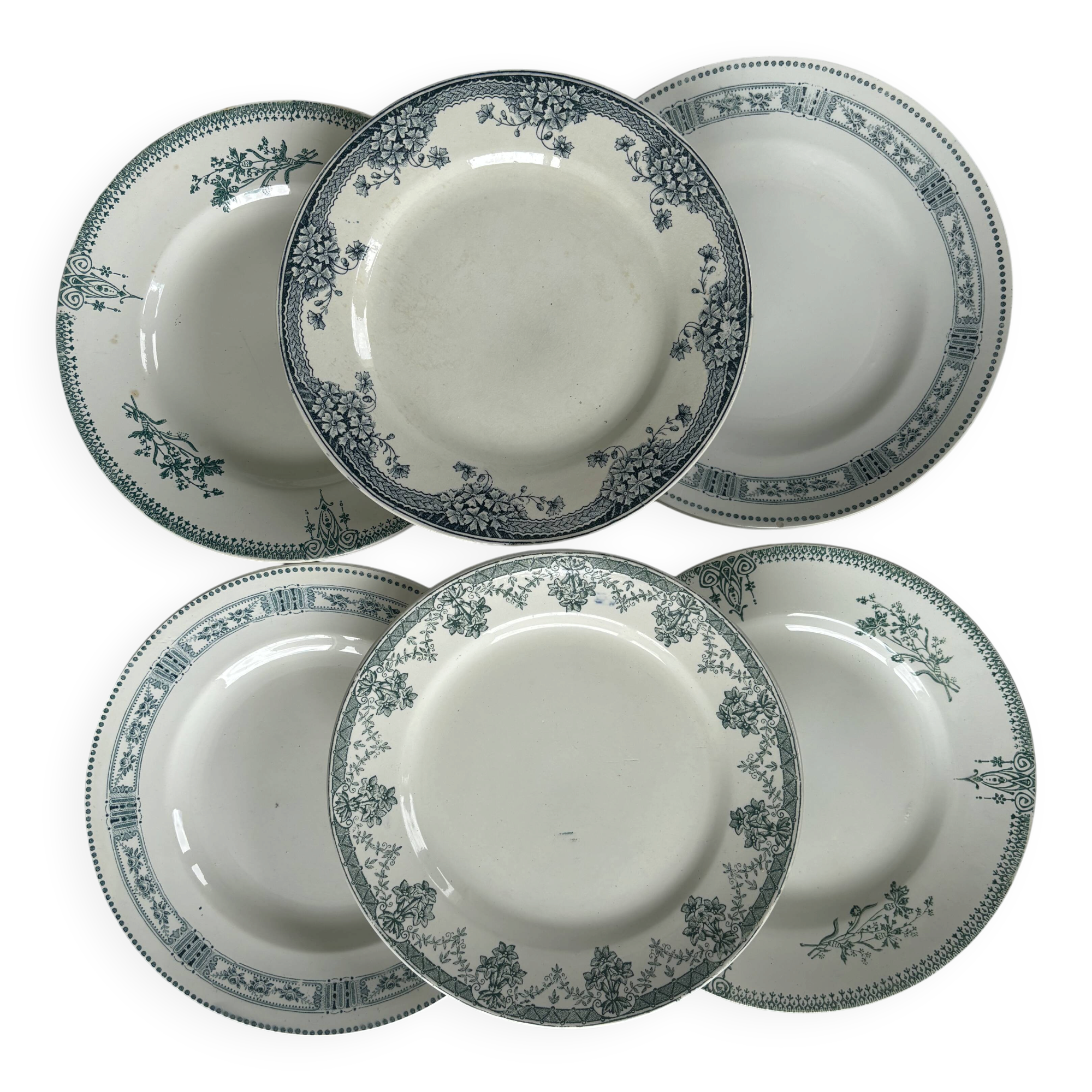 Lot 6 blue and green ironstone plates, antique French earthenware.