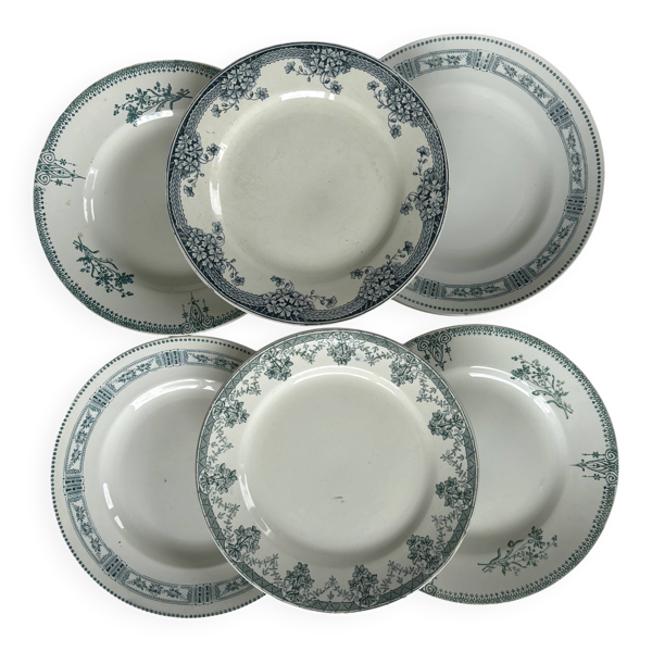 Lot 6 assiette plate terre de fer bleu et vert faïence française ancie