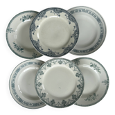 Lot 6 blue and green ironstone plates, antique French earthenware.
