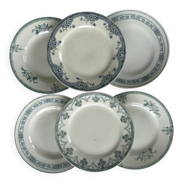Lot 6 blue and green ironstone plates, antique French earthenware.