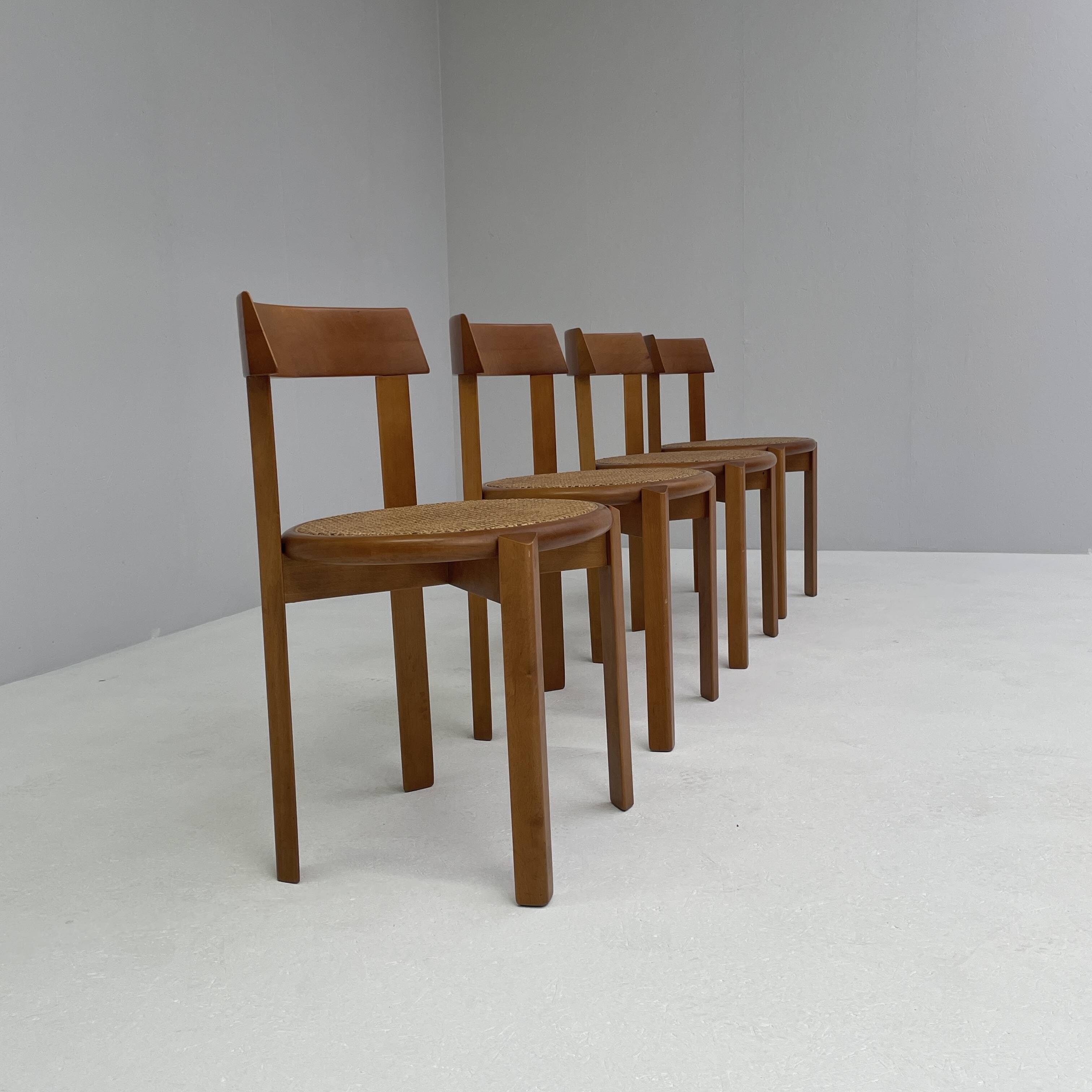 4 Italian wooden dining chairs with rattan seating