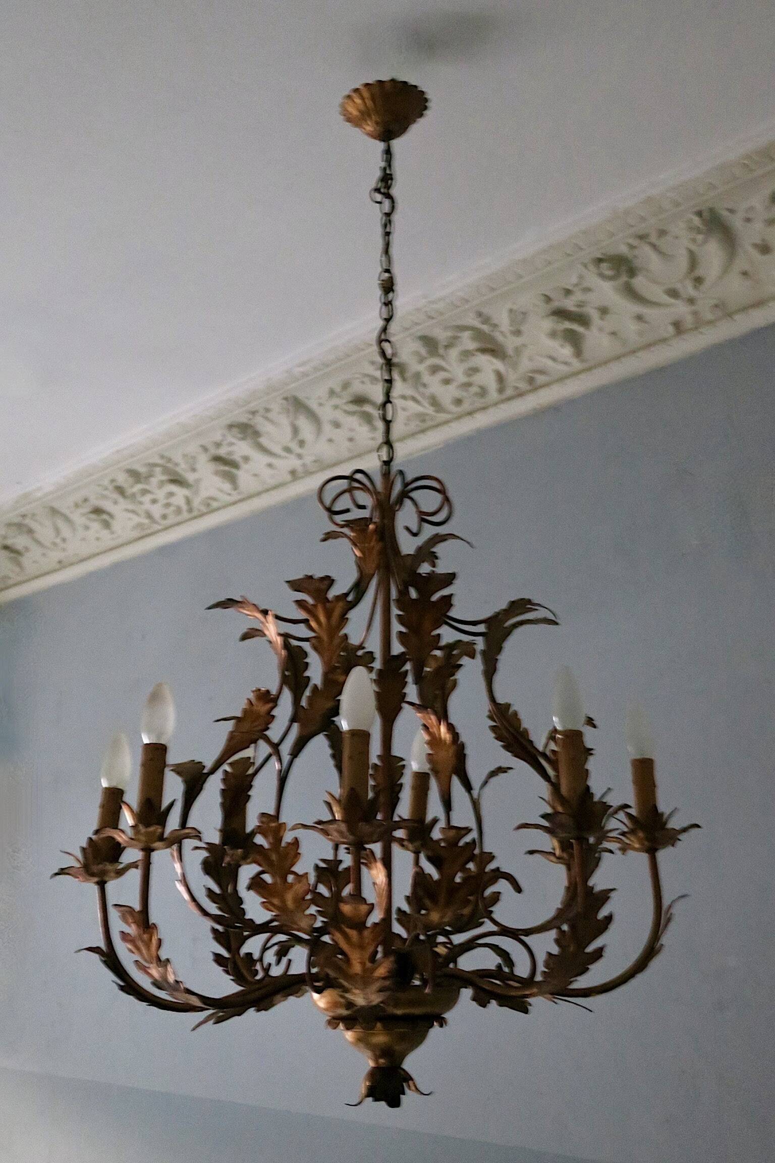 Large mid centuery gilt tole eight-light chandelier by Hans Kögl, 1960s