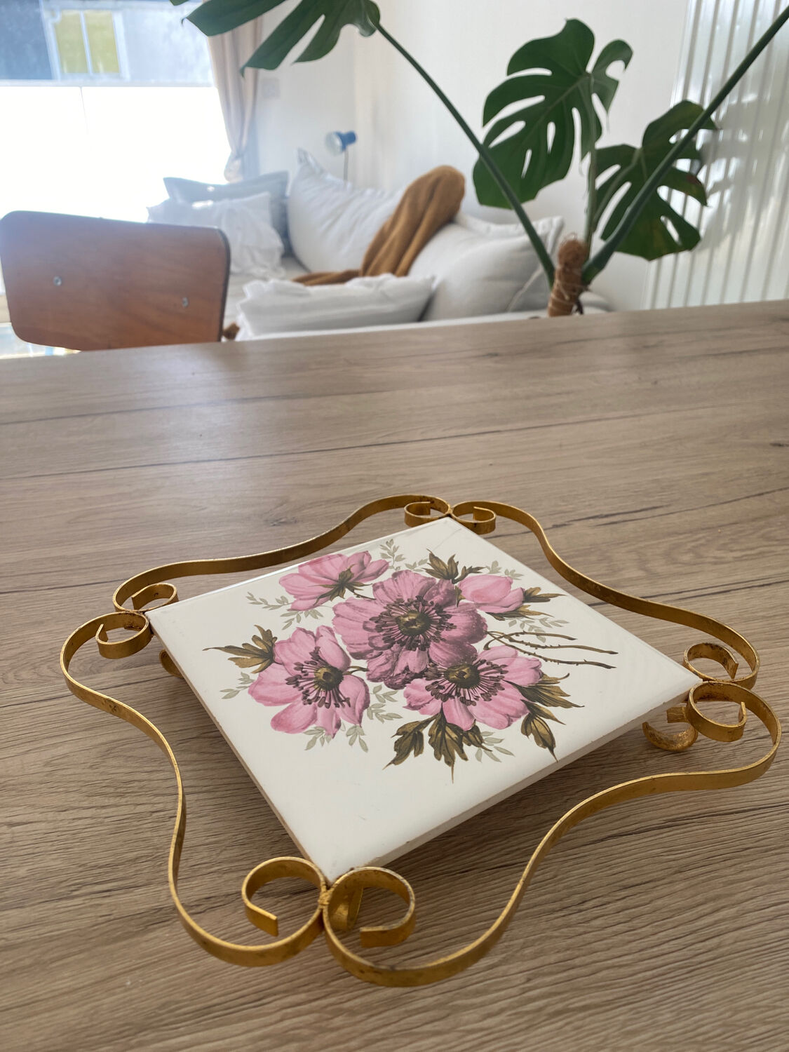 Vintage pink and gold faience floral trivia La Ferté Gaucher France