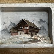 Tableau alpin vintage en bois sculpté et peint
