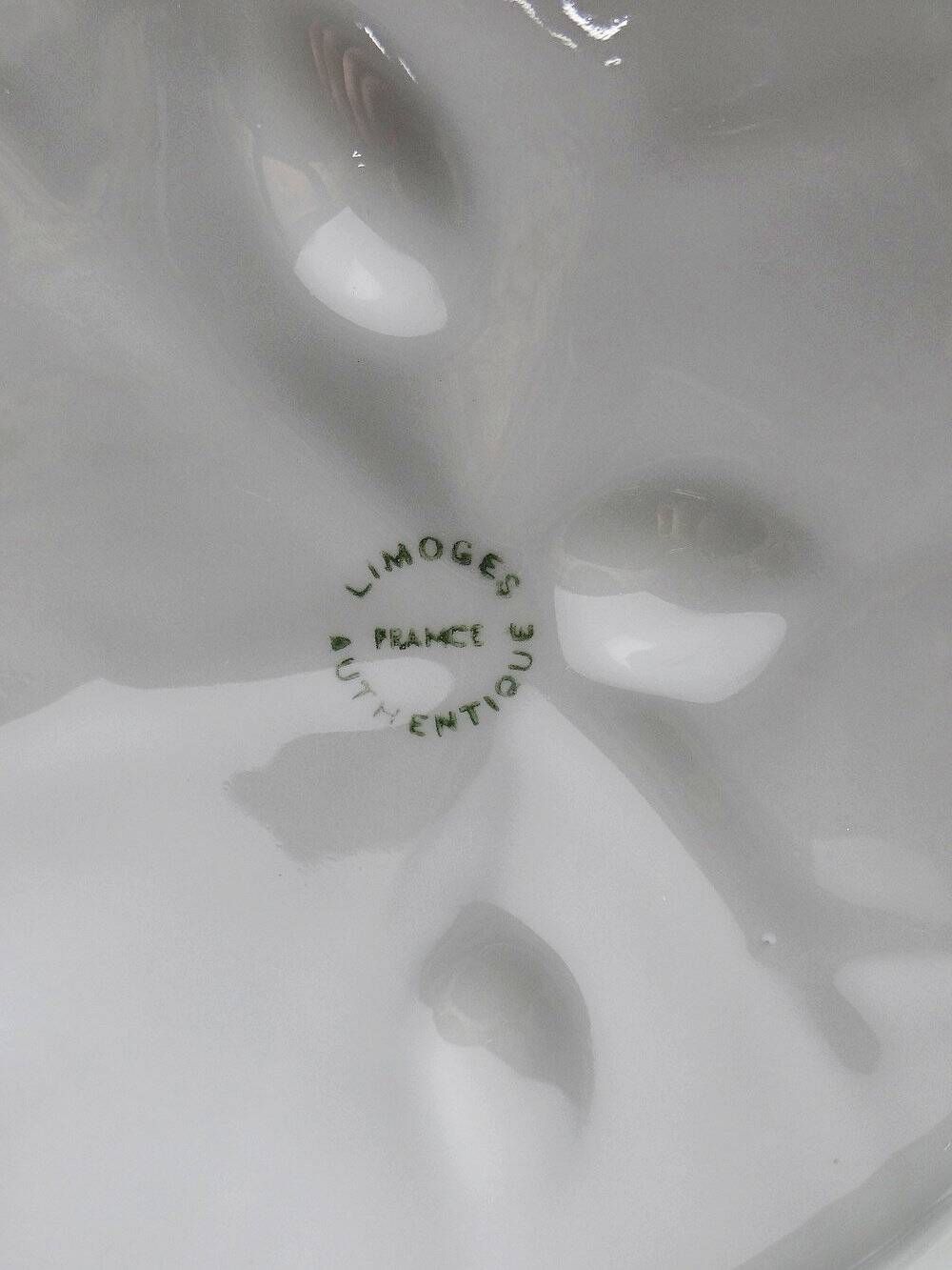 Large celadon porcelain vine leaf bowl by L. Michelaud, vintage Limoges