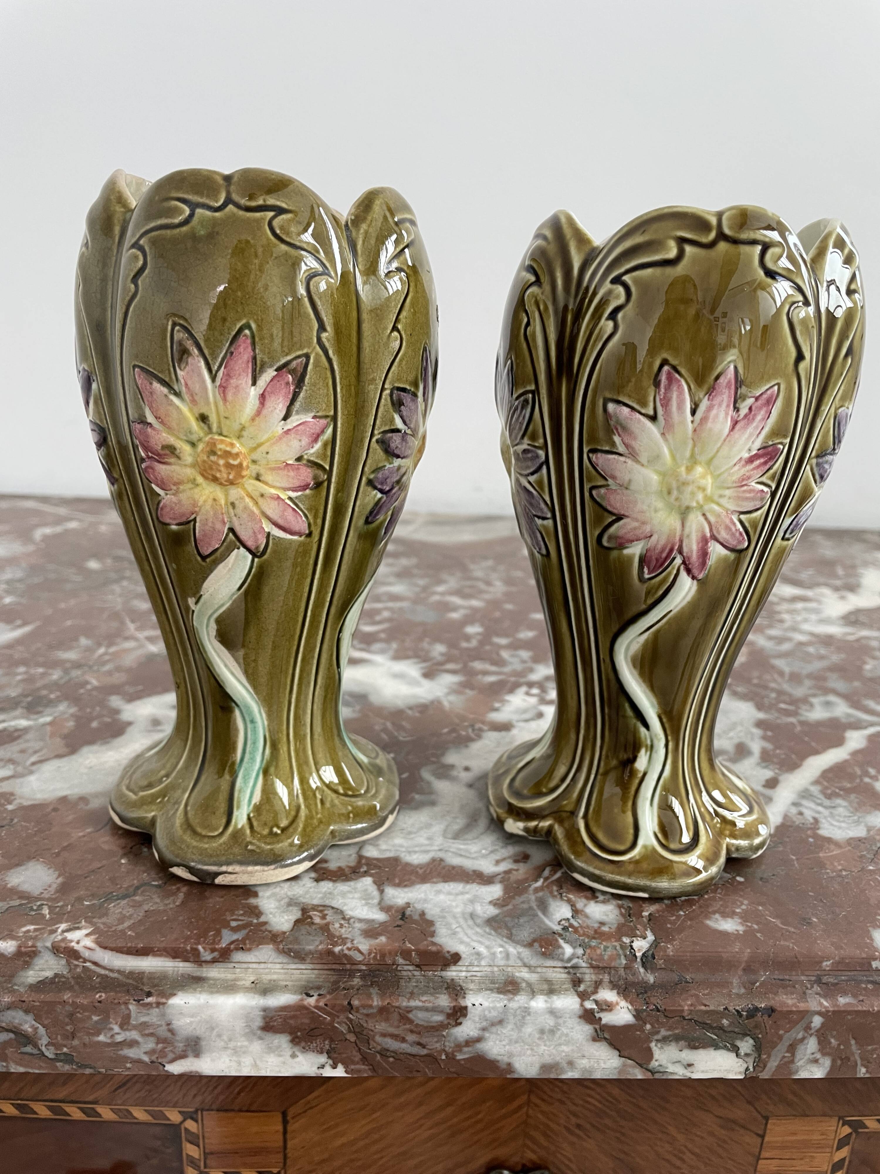 Barbotine vases, pair, Art Nouveau, DE BRUYN earthenware, signed, numbered