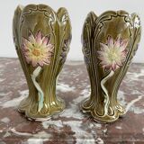 Barbotine vases, pair, Art Nouveau, DE BRUYN earthenware, signed, numbered