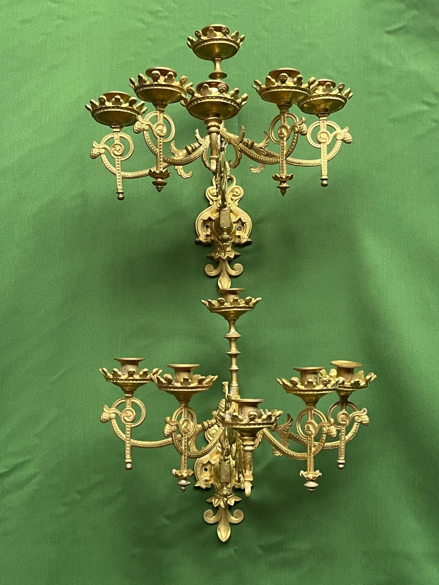 Pair of neo-Gothic wall sconces. Solid gilt bronze.