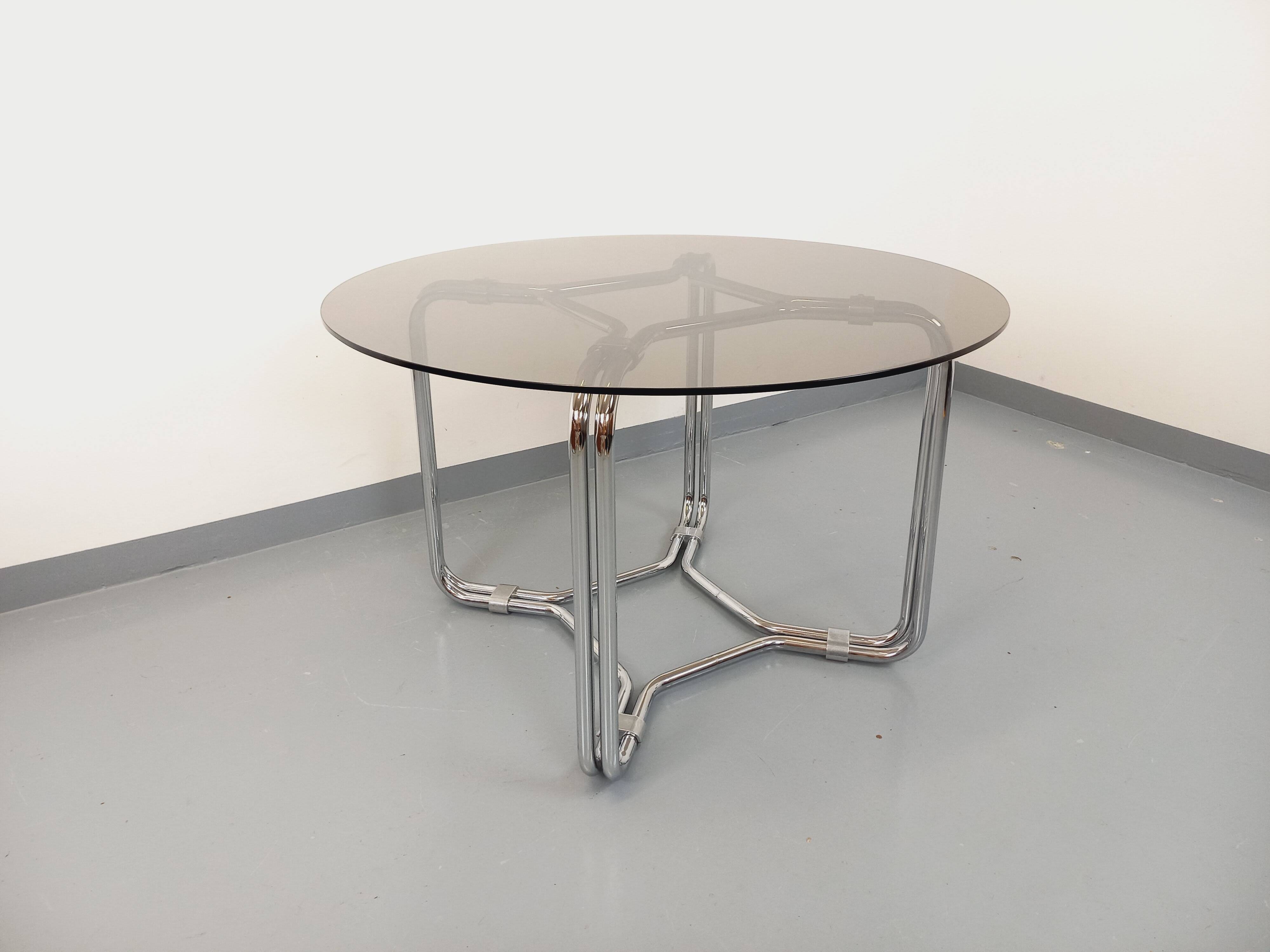 Vintage round dining table in smoked glass and chrome metal