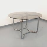 Vintage round dining table in smoked glass and chrome metal