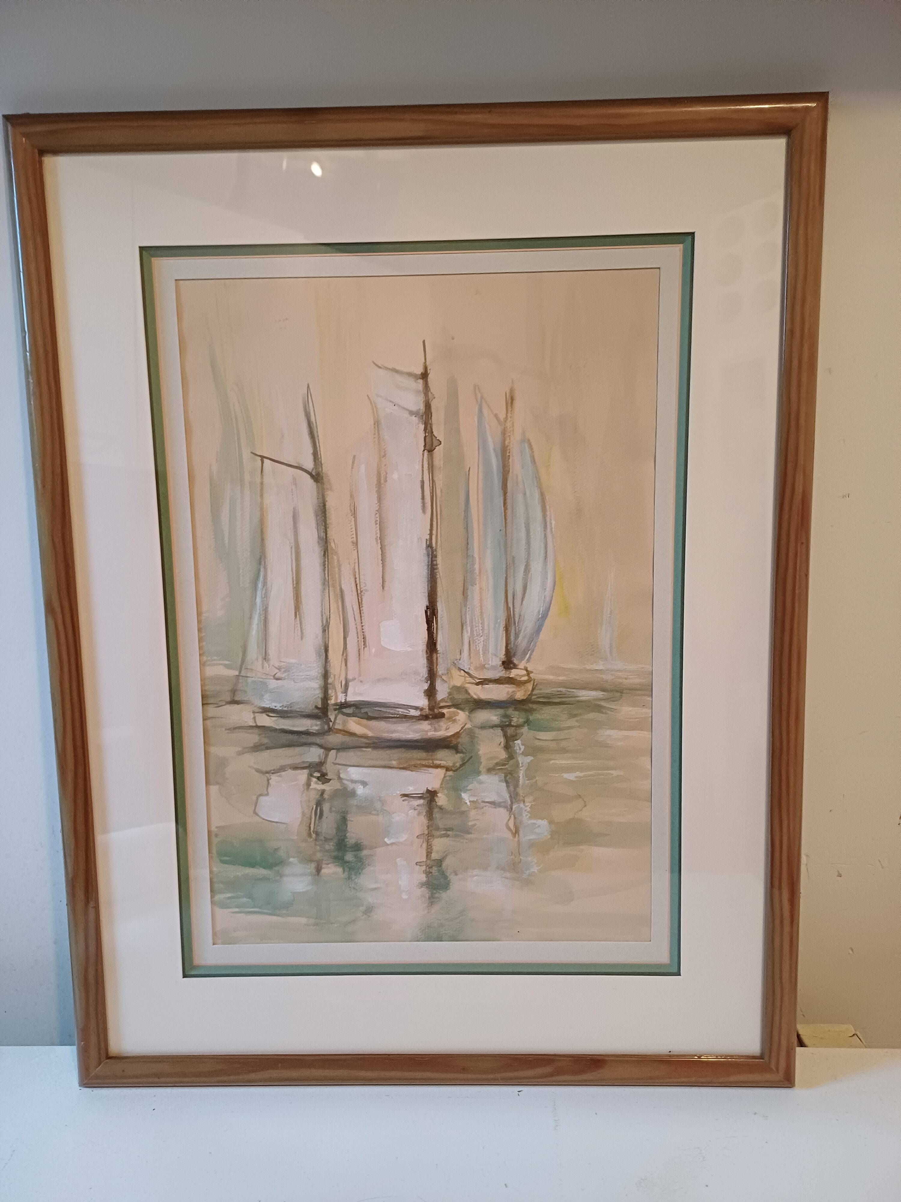 Marine Watercolor with 3 Boats